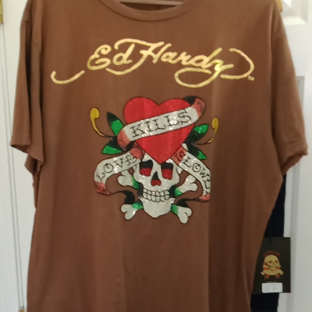 Ed Hardy Brown Skull Graphic Tee